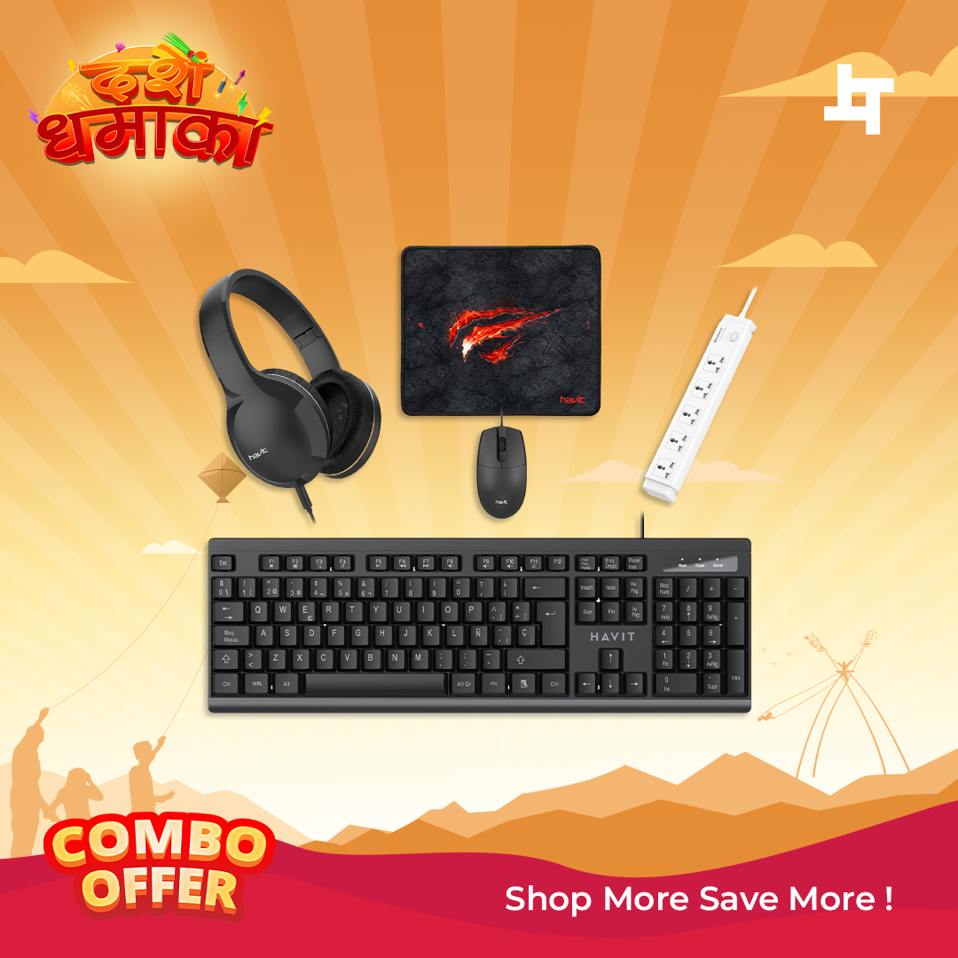 Havit Home Essential Wired Desk Setup – Keyboard, Mouse, Headphone, Mousepad & Power Strip