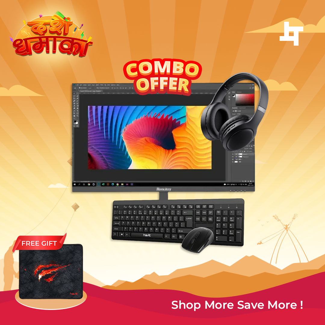 Huntkey 23.8" Full HD IPS Monitor with Havit Wireless Keyboard, Mouse & Bluetooth Headphone Combo