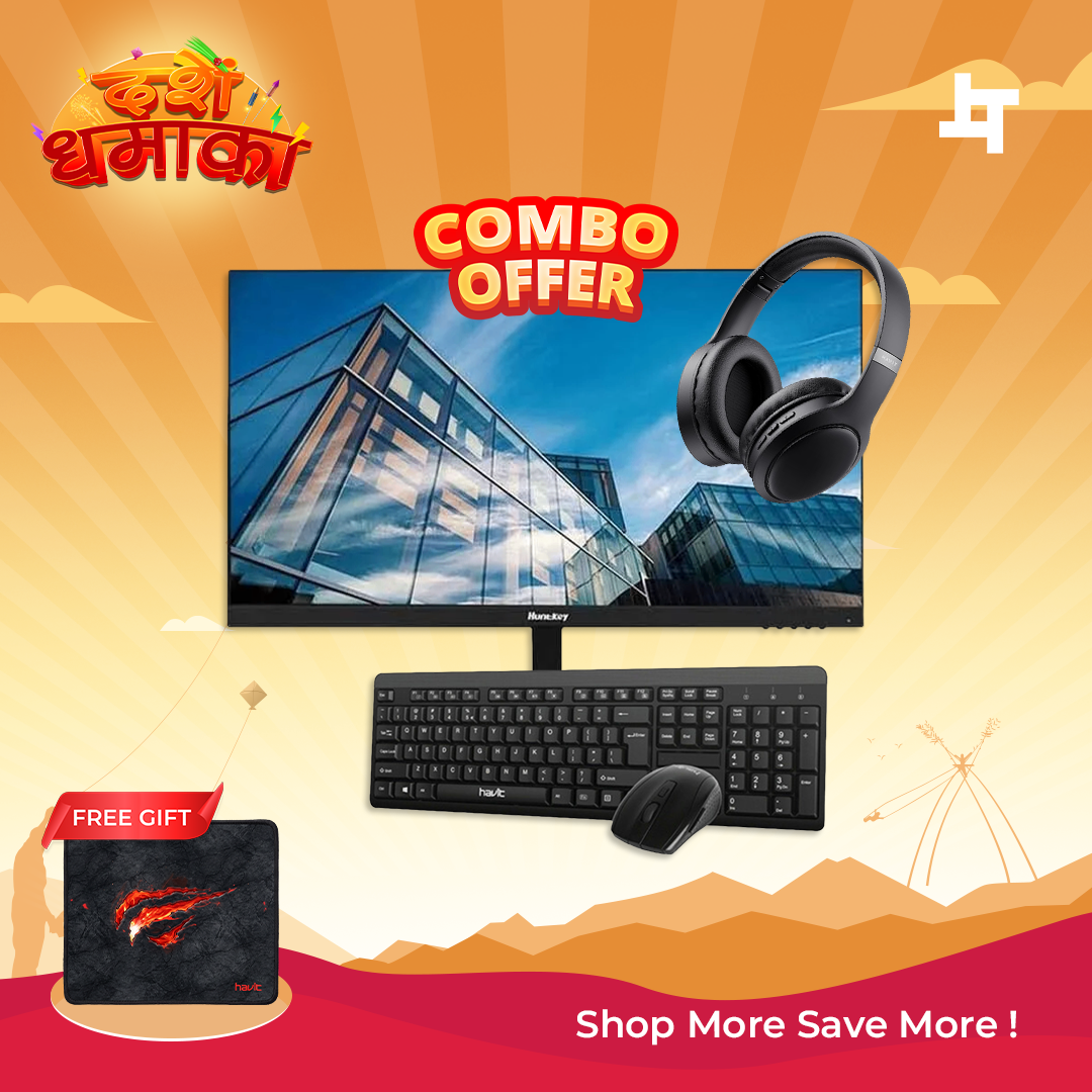 Huntkey 21.5" Full HD Monitor with Havit Wireless Keyboard, Mouse & Bluetooth Headphone Combo