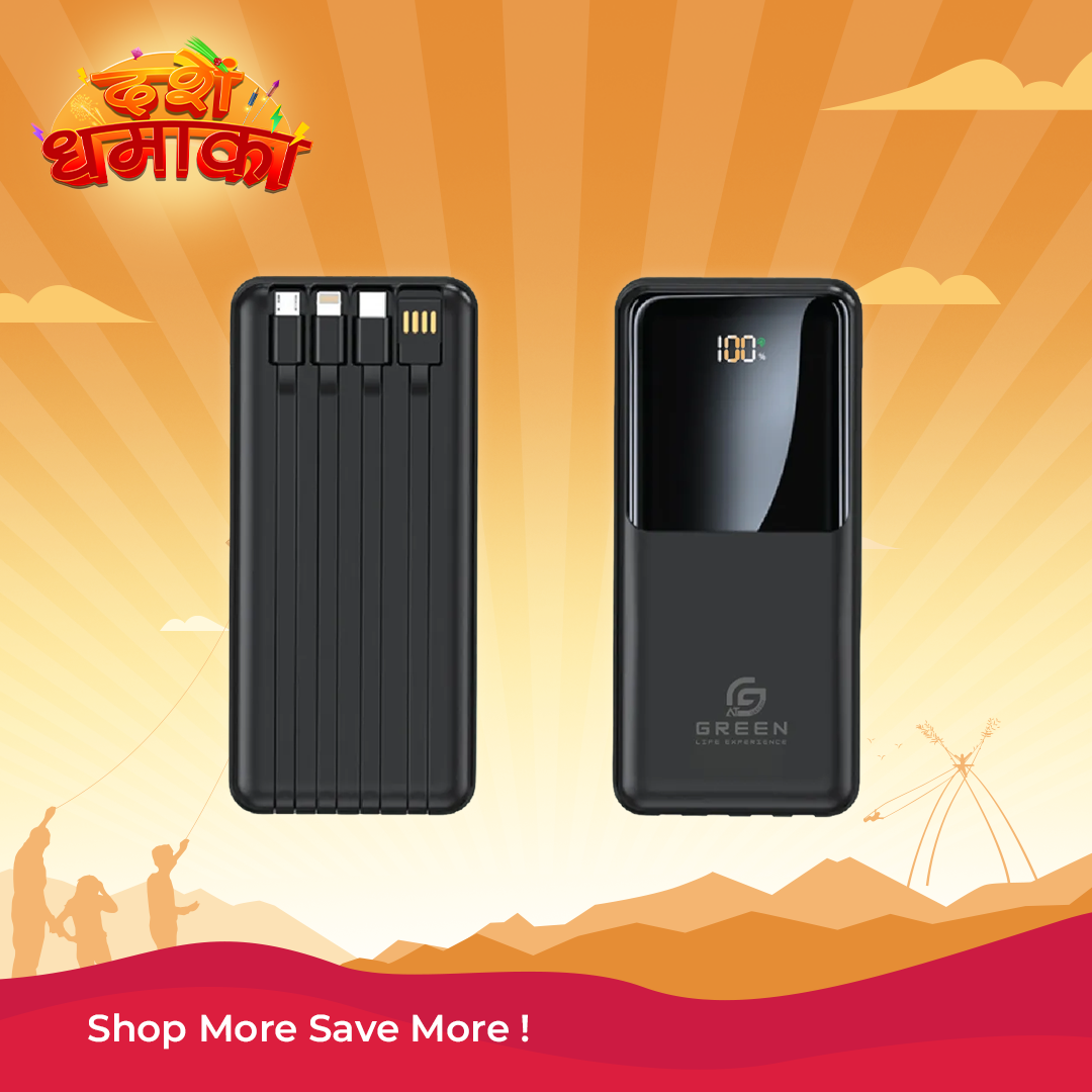 Green Turbo-20 20000mAh Power Bank With 22.5W PD Fast Charging & Digital Display - Black & White