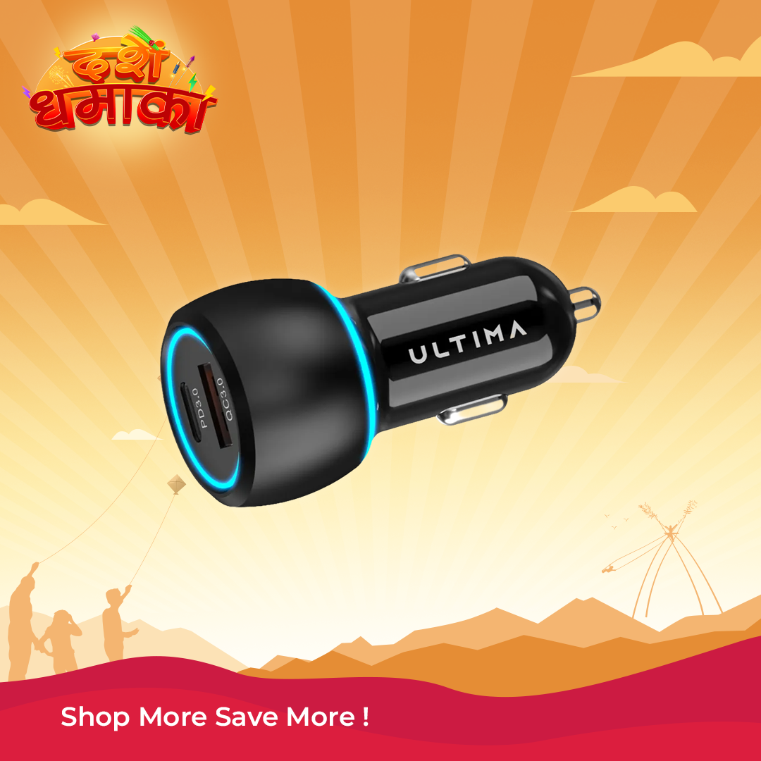 Ultima Rapid 75W PD+QC Car Charger Adapter With Dual Port | USB A (30W QC) + USB C (45W PD) | Supports All Model Tablet and Mobiles | Premium Built | 1 Year Brand Warranty