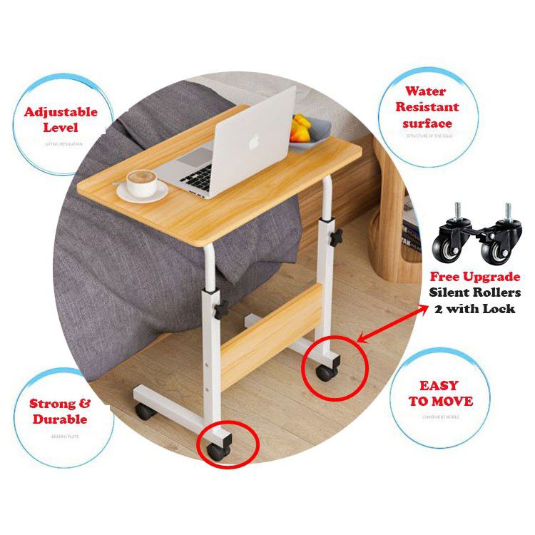 Height Adjustable Wooden Laptop Table With Wheels- 60cm X 40cm (Black/Lightwood Color) - Laptop Tables
