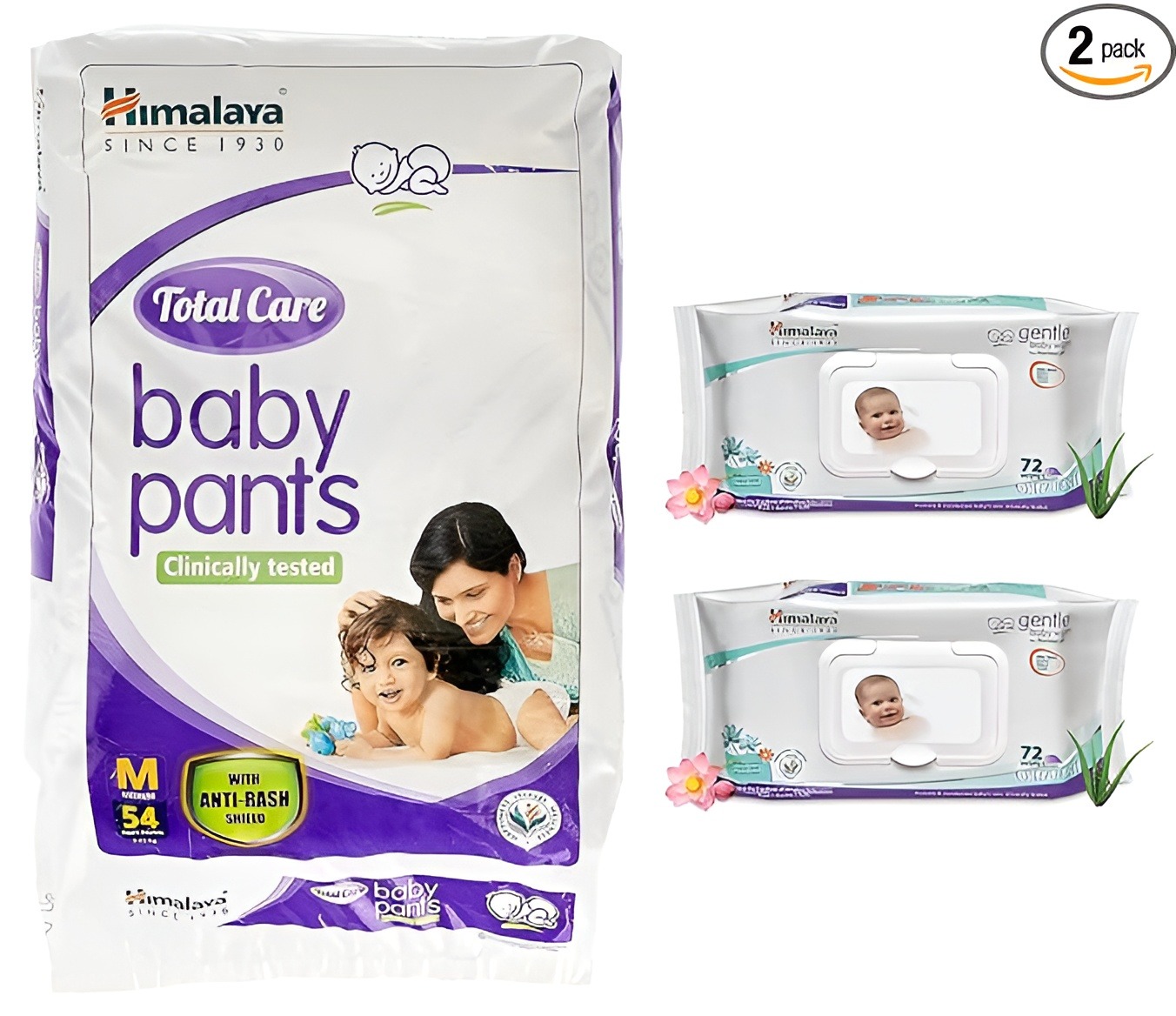 Himalaya Total Care Baby Pants Diapers Medium with Gentle Wipes - 54 Pcs + 72 Wipes
