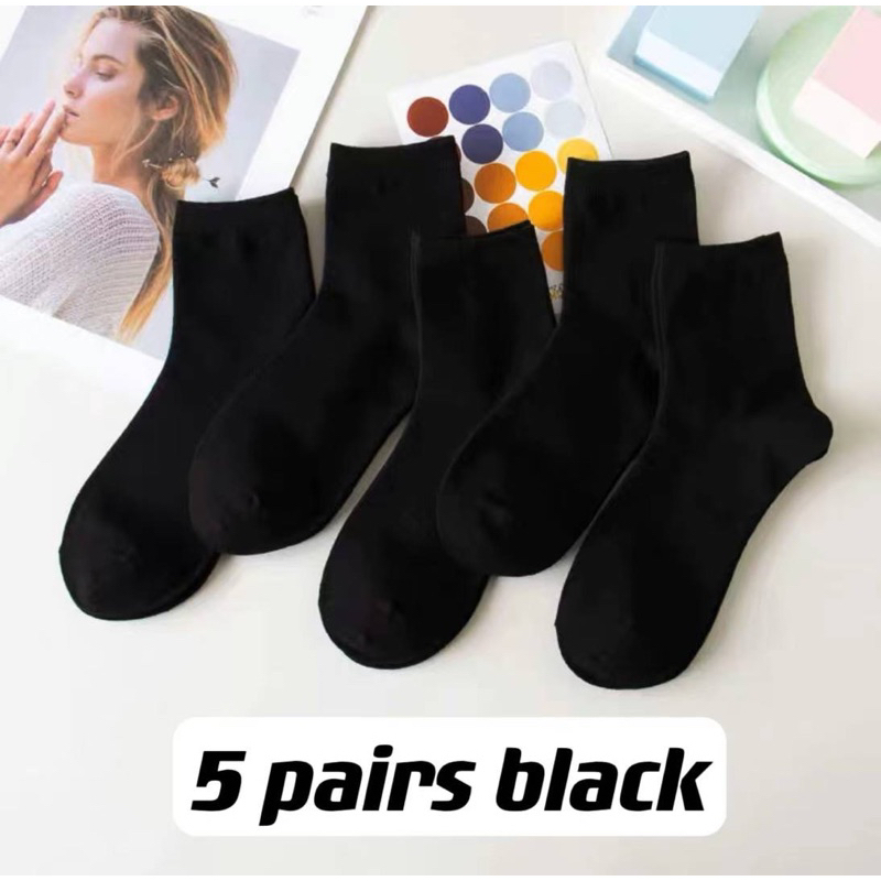 5 Pairs Cotton Plain School, Office Mid Cut Socks For Unisex 
