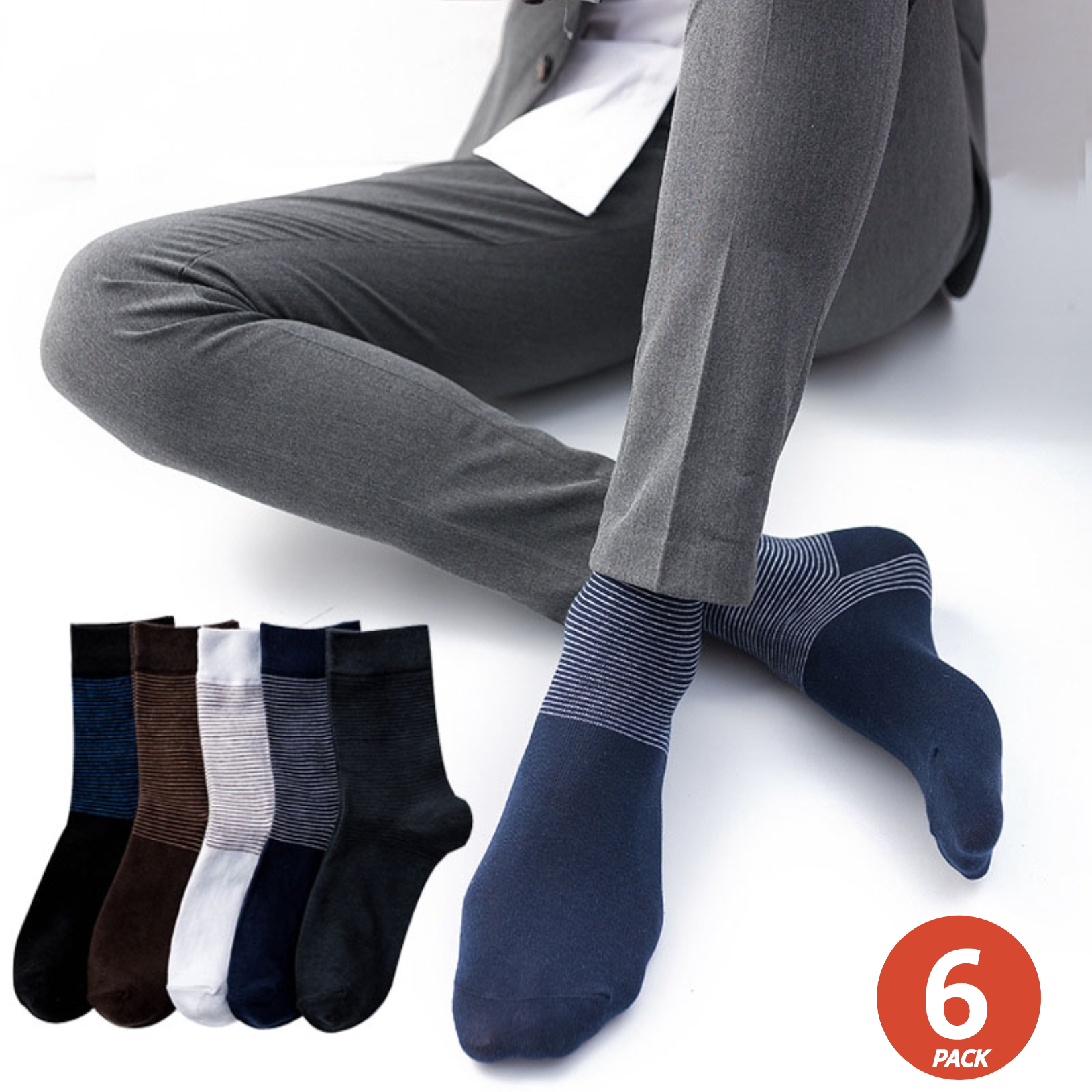 Pack of 6 Cotton Striped Men's Breathable Business Socks – Multicolor, One Size Fits Most