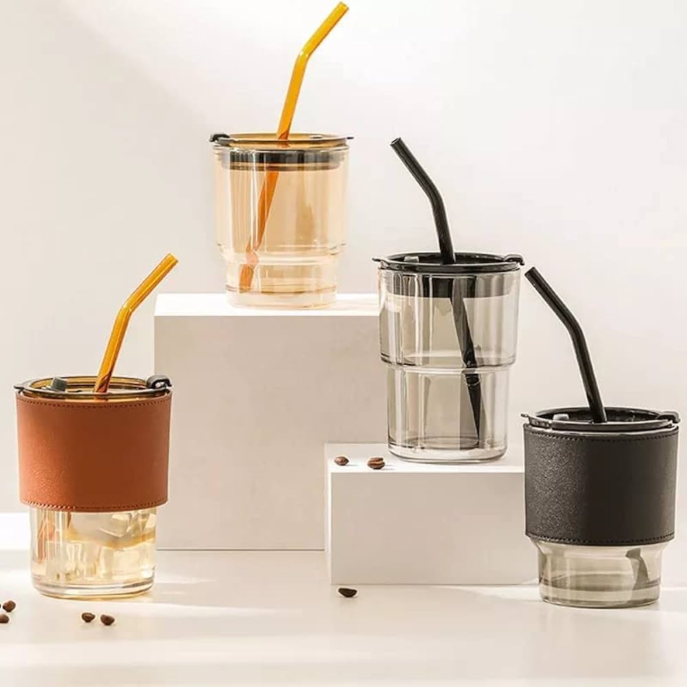 Slub Glass Coffee Mug – Green Tea Sipper With Straw And Lid, Pack Of 1