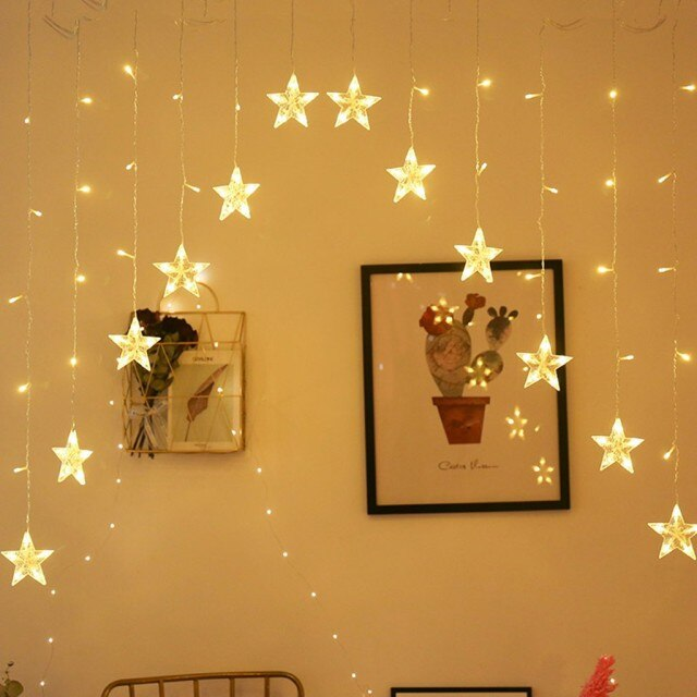 Warm White LED Star Curtain String Lights 10ft With 16 Stars And 8 Modes
