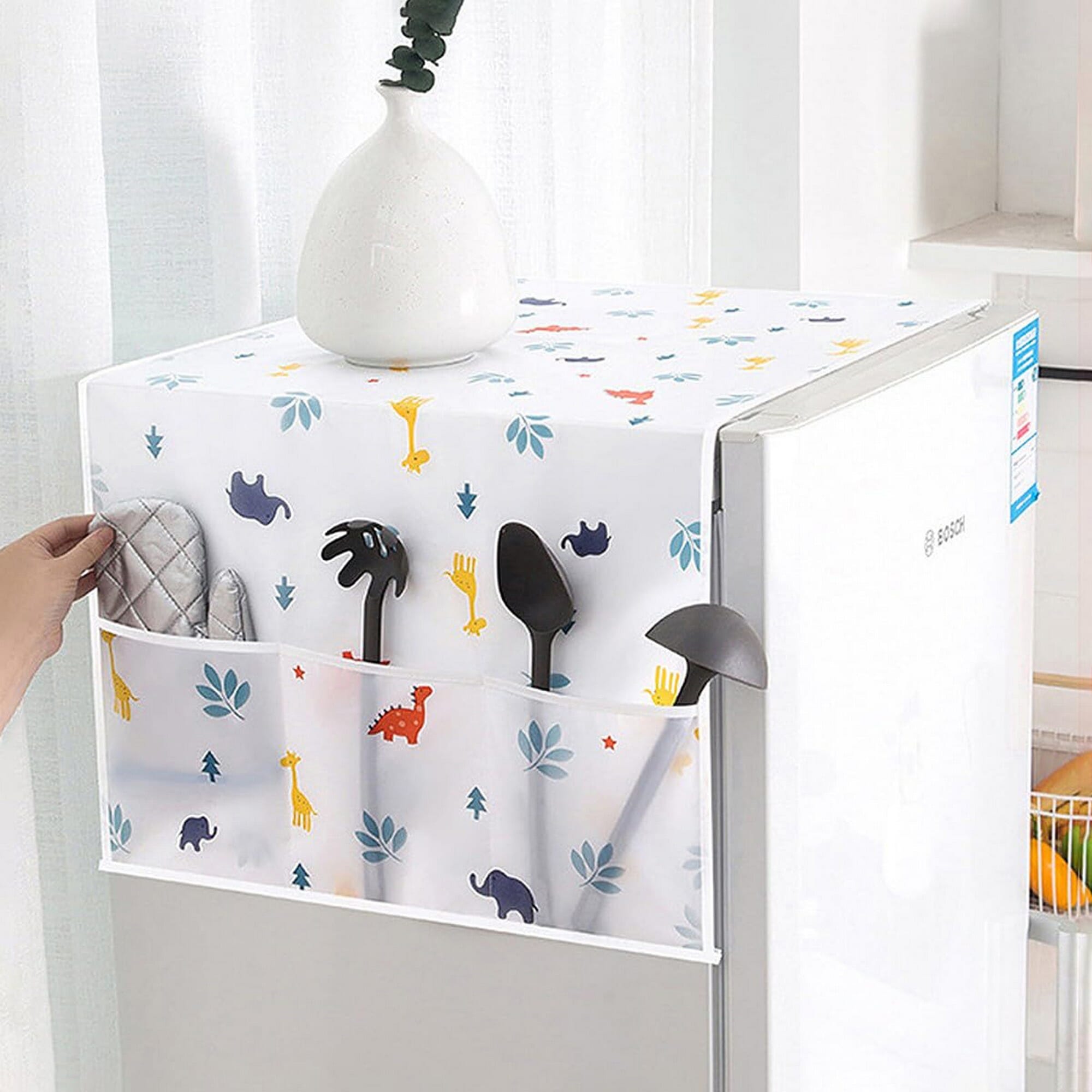 Waterproof Fridge & Washing Machine Cover – 6-Pocket Cartoon Organizer 130×54cm