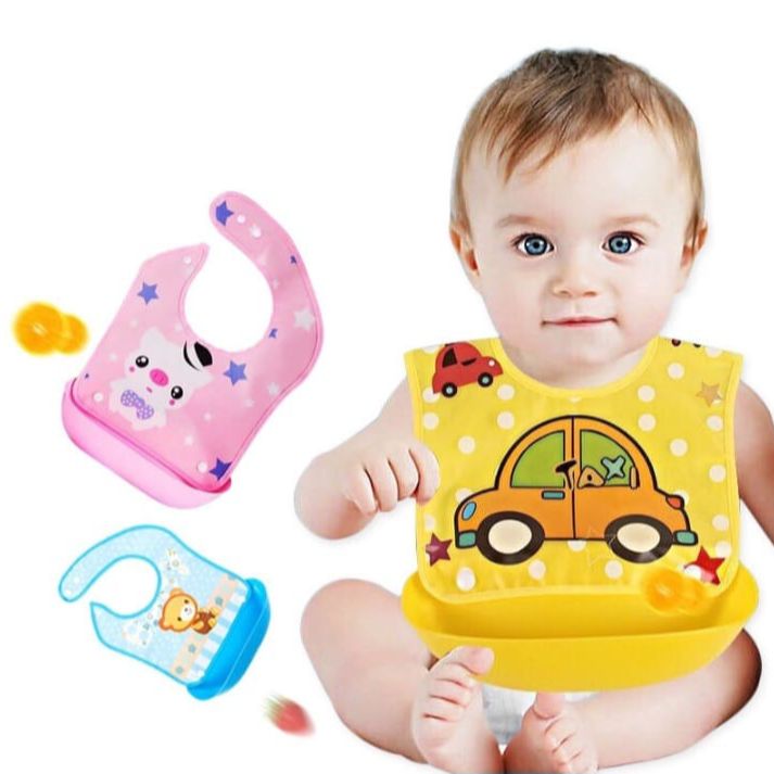Baby Food-Grade Silicone Bib With Adjustable Cartoon Design - Multicolor