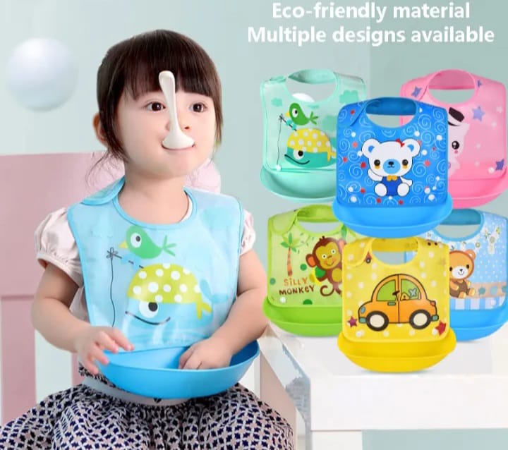 Adjustable Food-Grade Silicone Baby Bib With Cute Cartoon Design - Multicolor