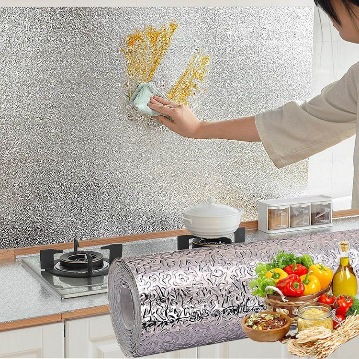 60×200cm Self-Adhesive Aluminum Foil Kitchen Wallpaper - Silver