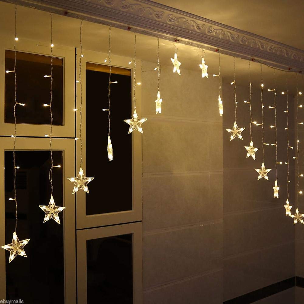 Curtain LED String Lights – 8 Modes, 16 Stars, 10ft (Yellow)