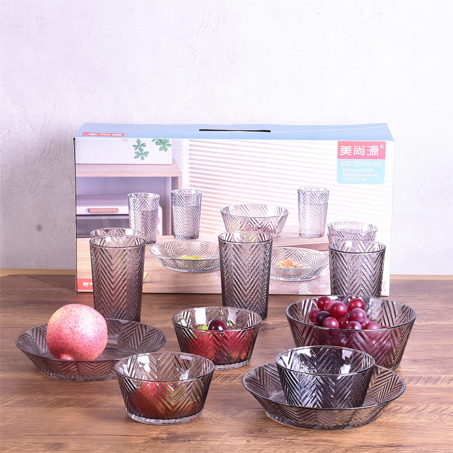 NepLiving Transparent Stripe Glass Bowl And Glass Set – 10 Pieces (Multicolor)
