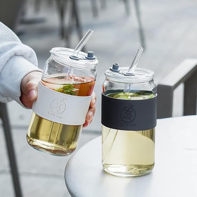 400ml Glass Iced Coffee Tumbler With Lid, Straw And Sleeve