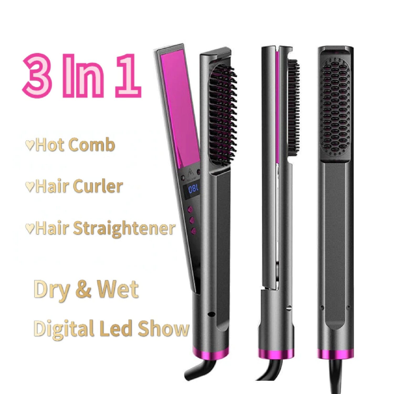 3-In-1 Multifunctional Hot Comb Hair Straightener