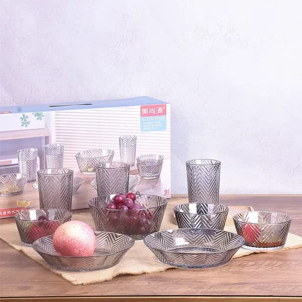 NepLiving Transparent Stripe Glass Bowl & Glassware Set – 10-Piece Collection