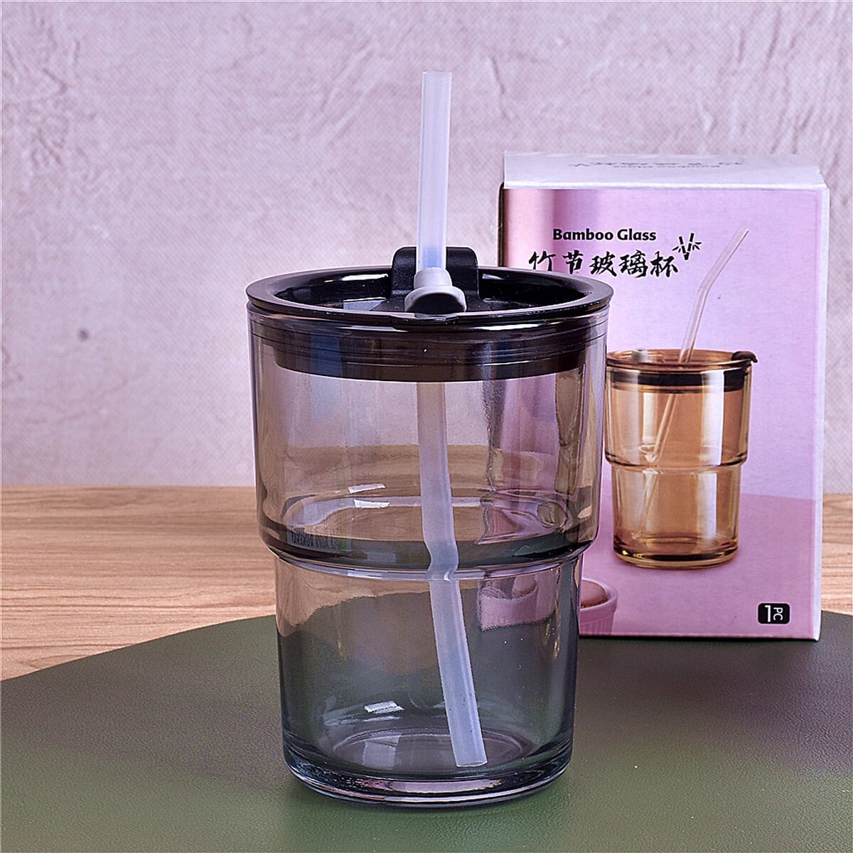 NepLiving 410ml Glass Coffee Cup With Straw & Leather Cover