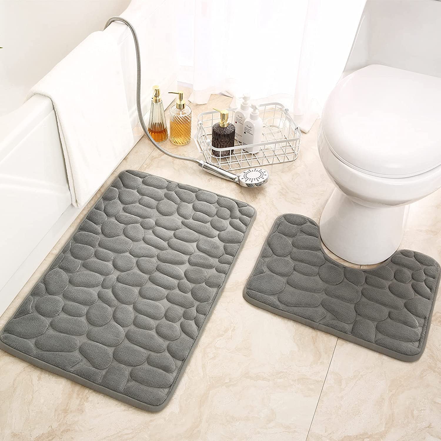 2-Piece Non-Slip Memory Foam Bath Mat Set – U-Shaped Toilet Rugs