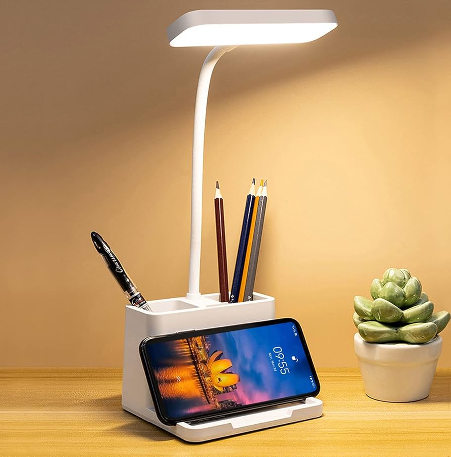 LED Desk Lamp With Pen & Phone Holder – USB Rechargeable Study Light