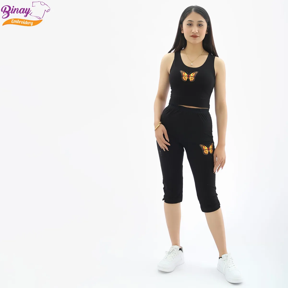 Binay Embroidery Black Printed Tank Top And Stretchable Leggings 2 Pcs Combo Set For Women 