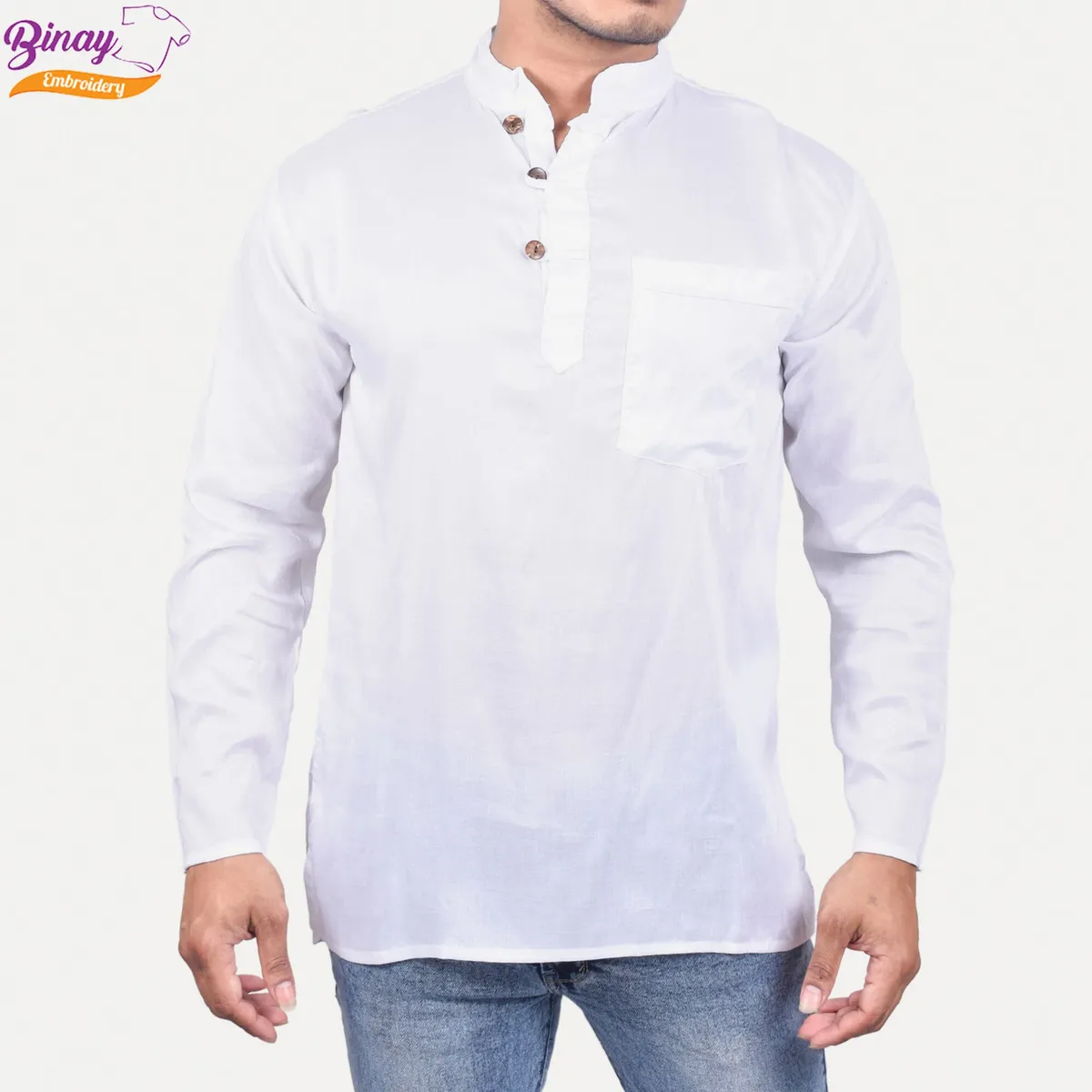 Embroidery White Plain Kurta Shirt For Men 