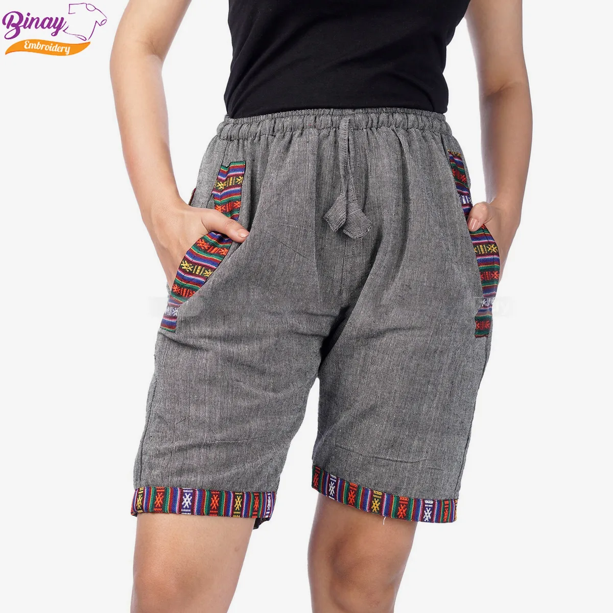 Embroidery Shorts Grey With Border For Women