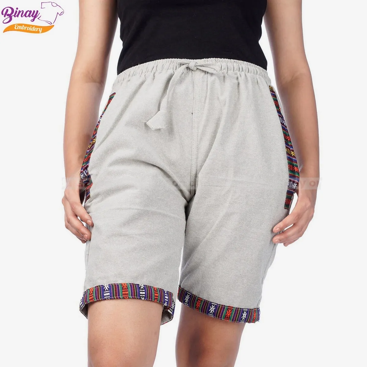 Embroidery Shorts Hemp Color With Border For Women
