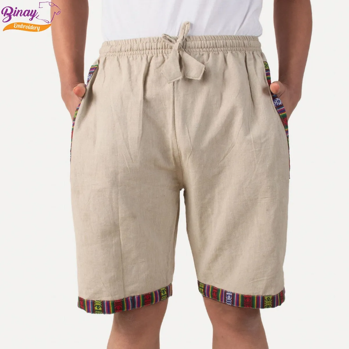 Embroidery Cotton Cream Half Pant With Bordered For Men