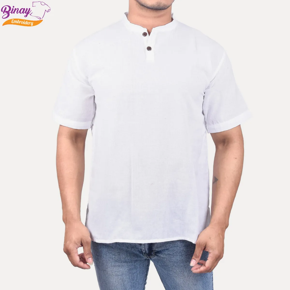 Embroidery White Half Sleeve Cotton Kurta Shirts For Men