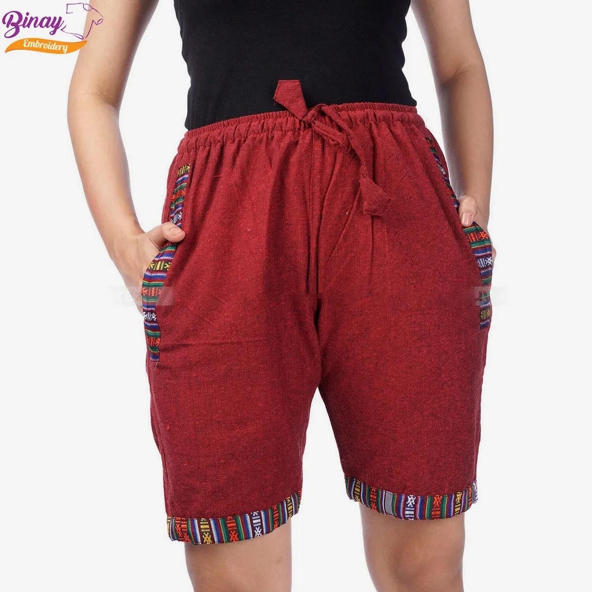 Embroidery Shorts Maroon With Border For Women