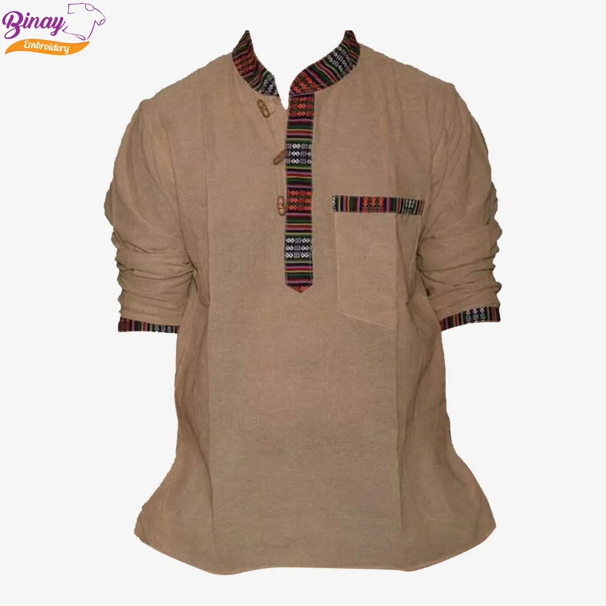 Embroidery Cotton Kurta Shirt With Border For Men