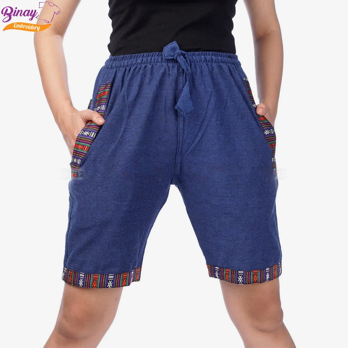 Embroidery Shorts Blue With Border For Women