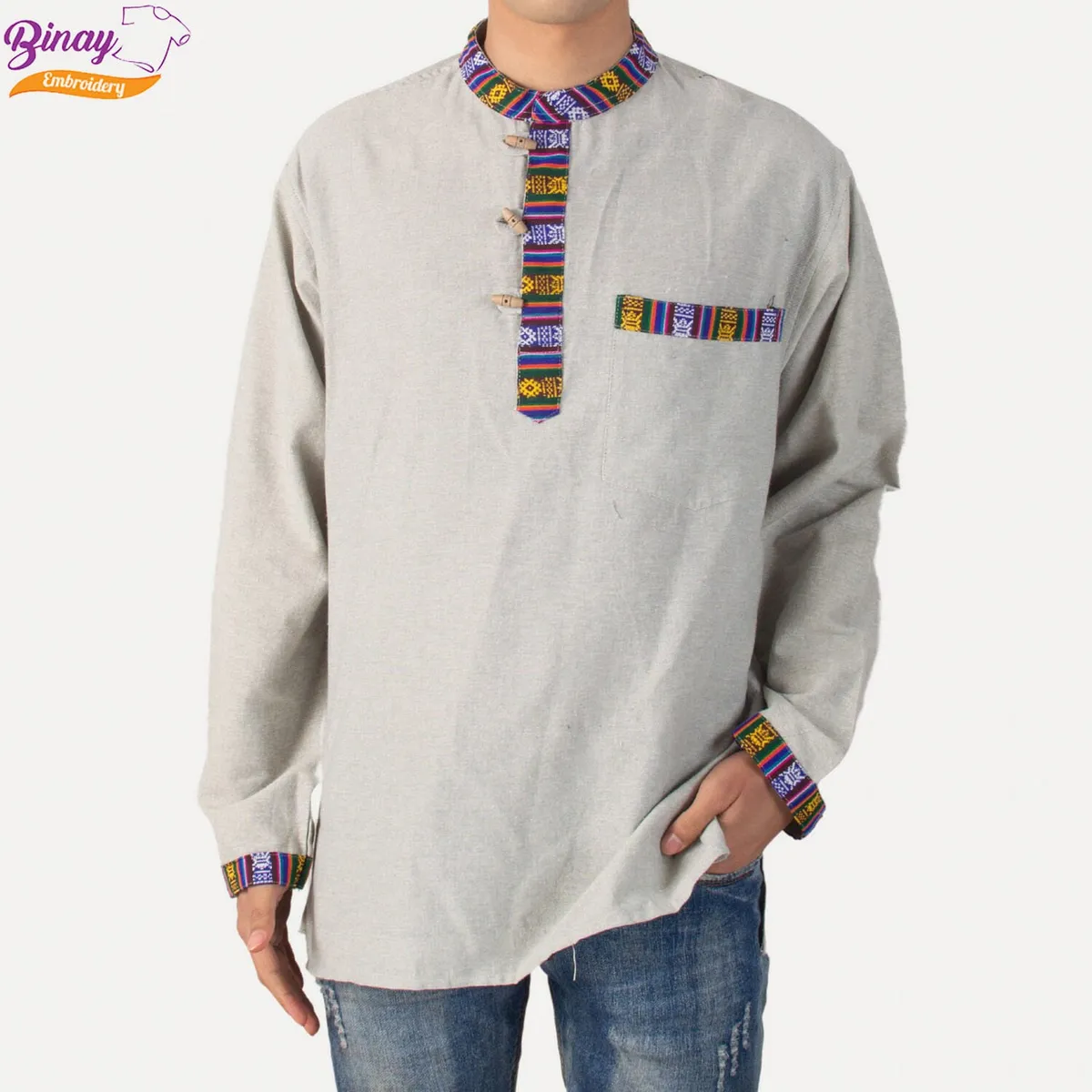 Embroidered Light Grey Nepali Kurta Shirt – Bhutani Border Design for Men