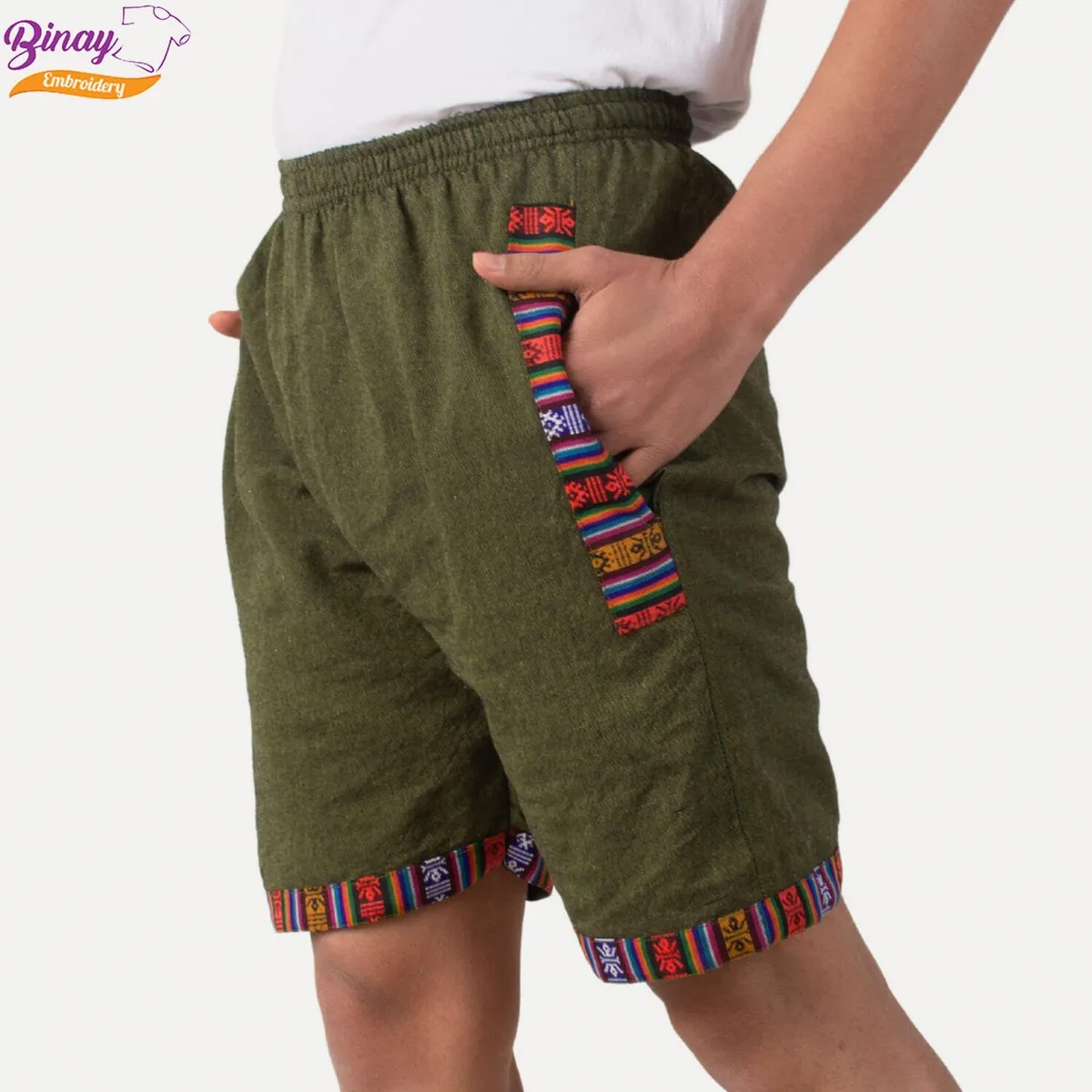 Embroidery Cotton Green Half Pant With Bordered For Men