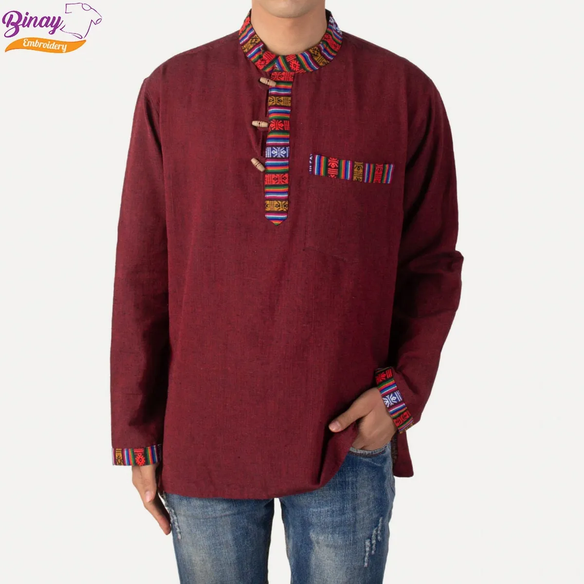 Embroidered Maroon Kurta Shirt for Men – Bhutani Border Design