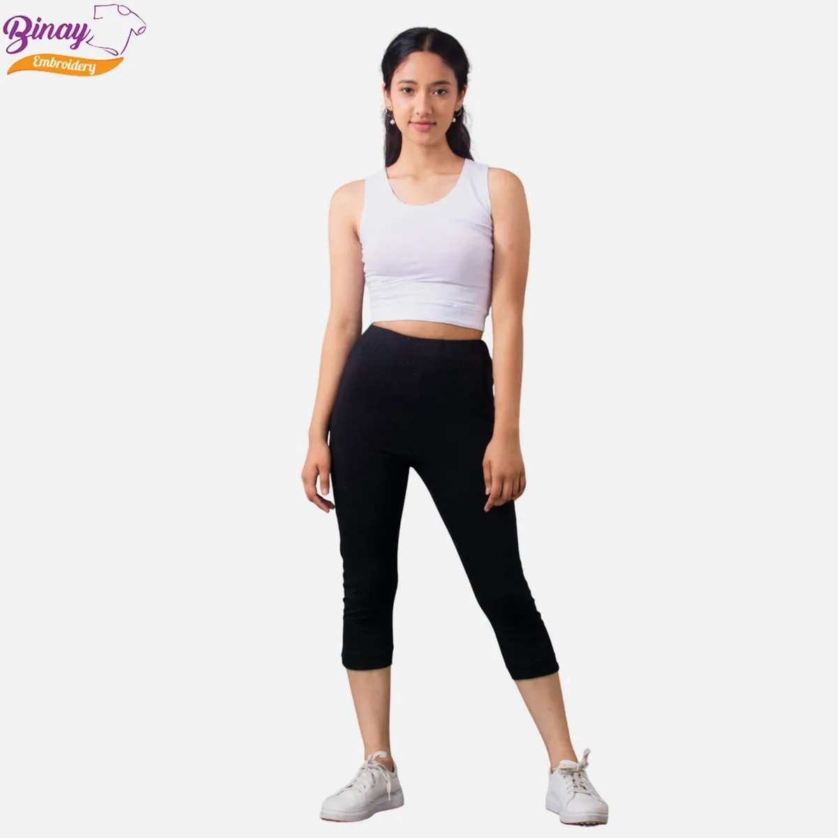 Binay Embroidery White Tank Top And Stretchable Leggings Combo Set For Women 