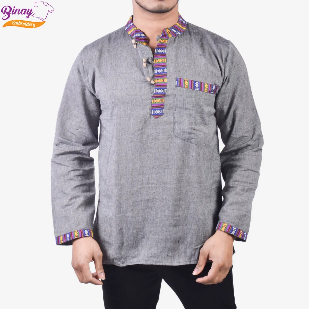 Embroidered Grey Nepali Kurta Shirt – Border Design for Men