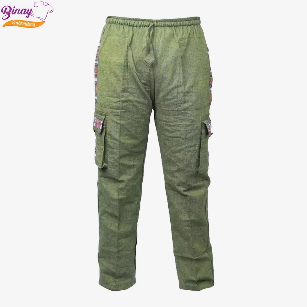 Binay Embroidery Cotton Green Cargo Trouser Pant With Side Pocket For Men 