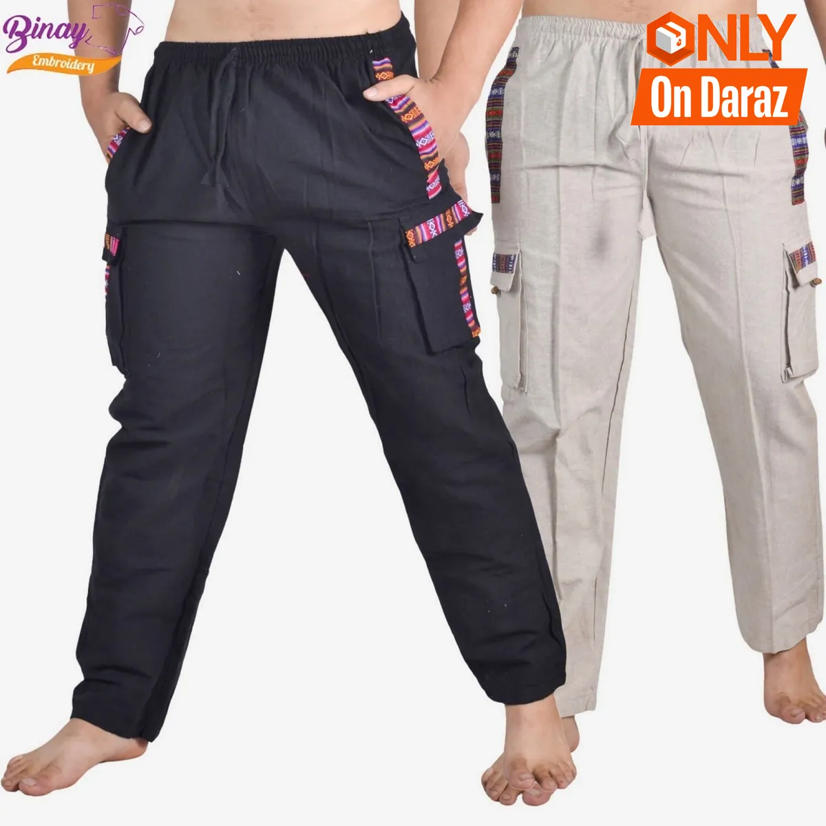 Binay Embroidery Cotton Trouser With Bhutaani Borderd For Men - (Pack of 2)