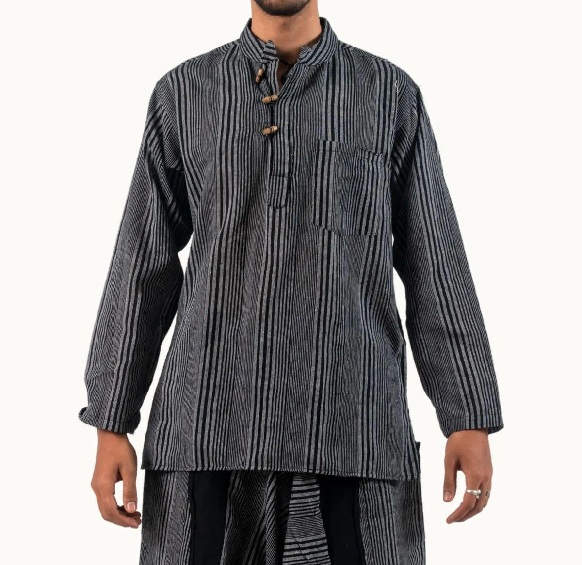 Embroidered Black Striped Kurta Shirt for Men