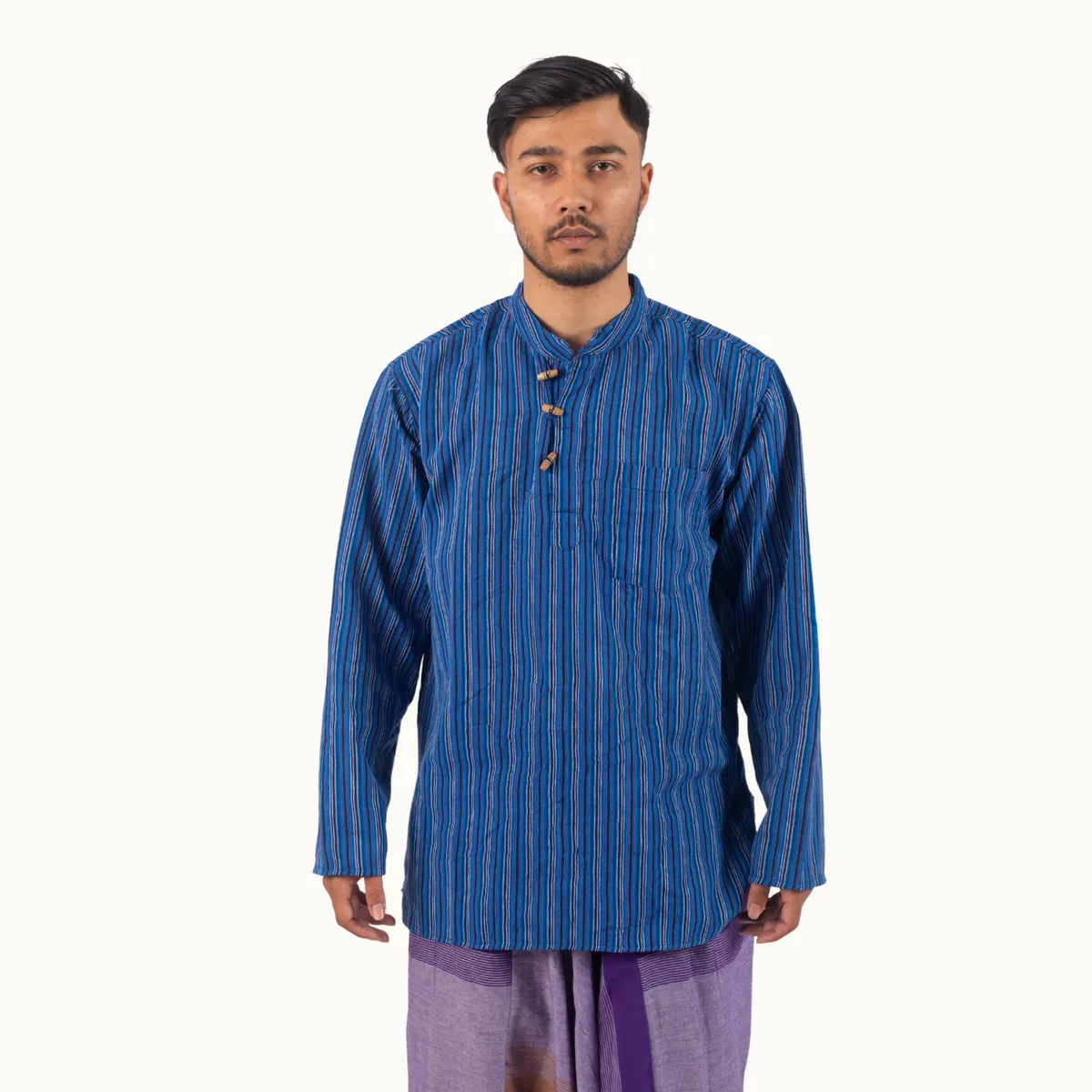 Embroidered Blue Striped Kurta Shirt for Men