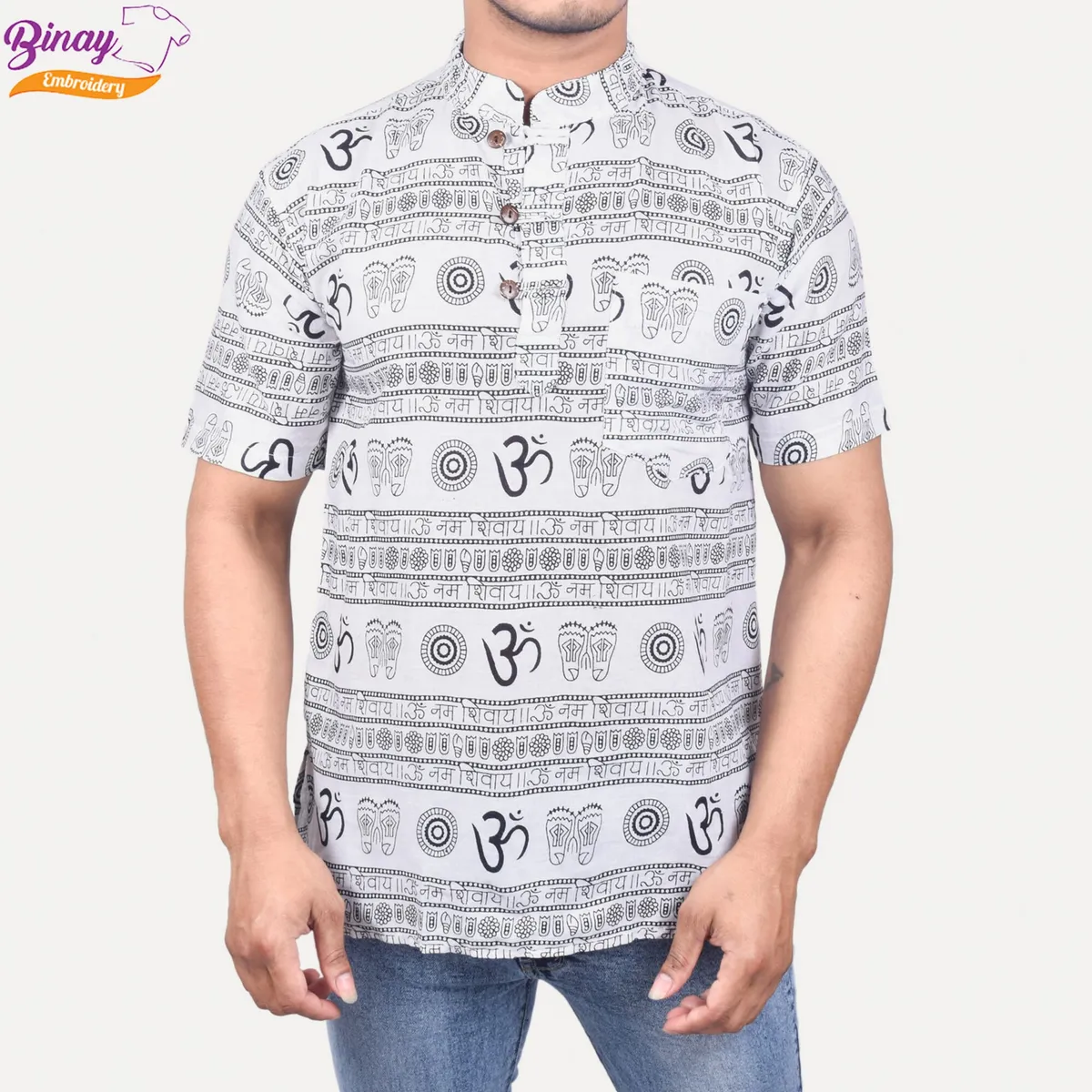 Embroidery White Ton Om Printed Cotton Kurta Shirts For Men