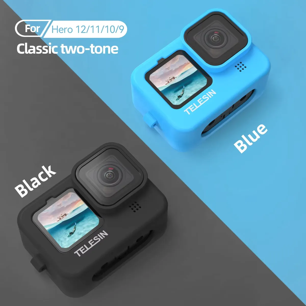 TELESIN Silicone Case With Lens Cap For GoPro Hero 9–12 – Black/Blue