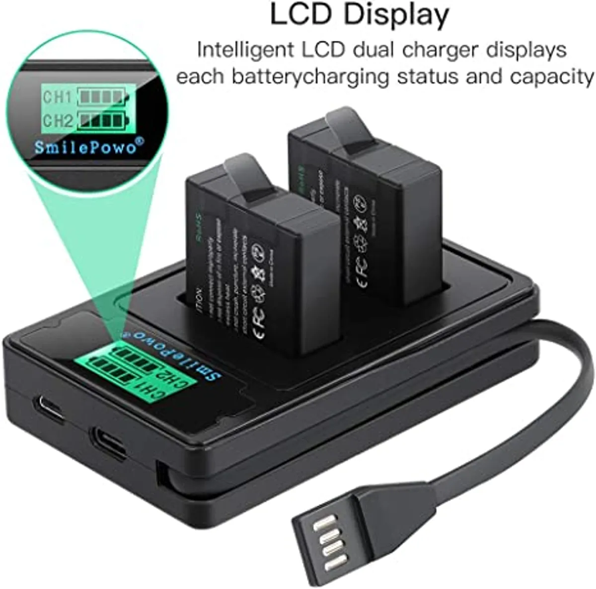 Dual Battery USB Charger With LCD Display For GoPro Hero 5–8 – 1480mAh