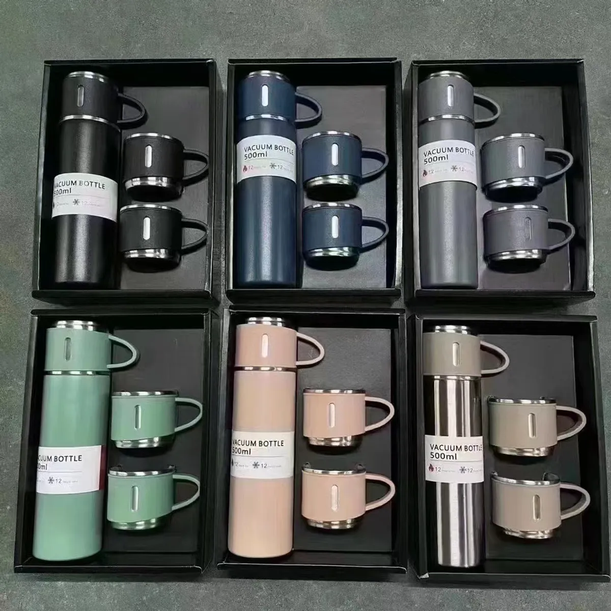 500ml Stainless Steel Vacuum Thermos Flask With 3 Cups & 2 Lids - Multicolor