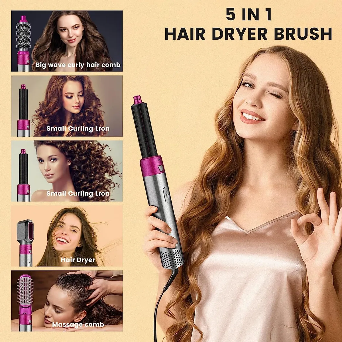 5-in-1 Electric Hair Styler With Dryer, Volumizer, Straightener & Curler - Multicolor