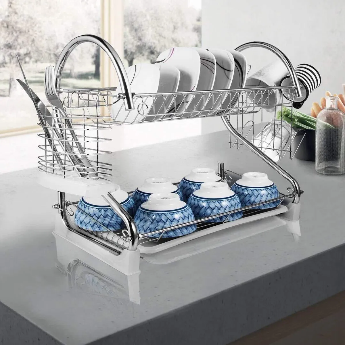 2-Tier Kitchen Dish Rack & Drainboard With Cutlery Holder - Chrome Finish