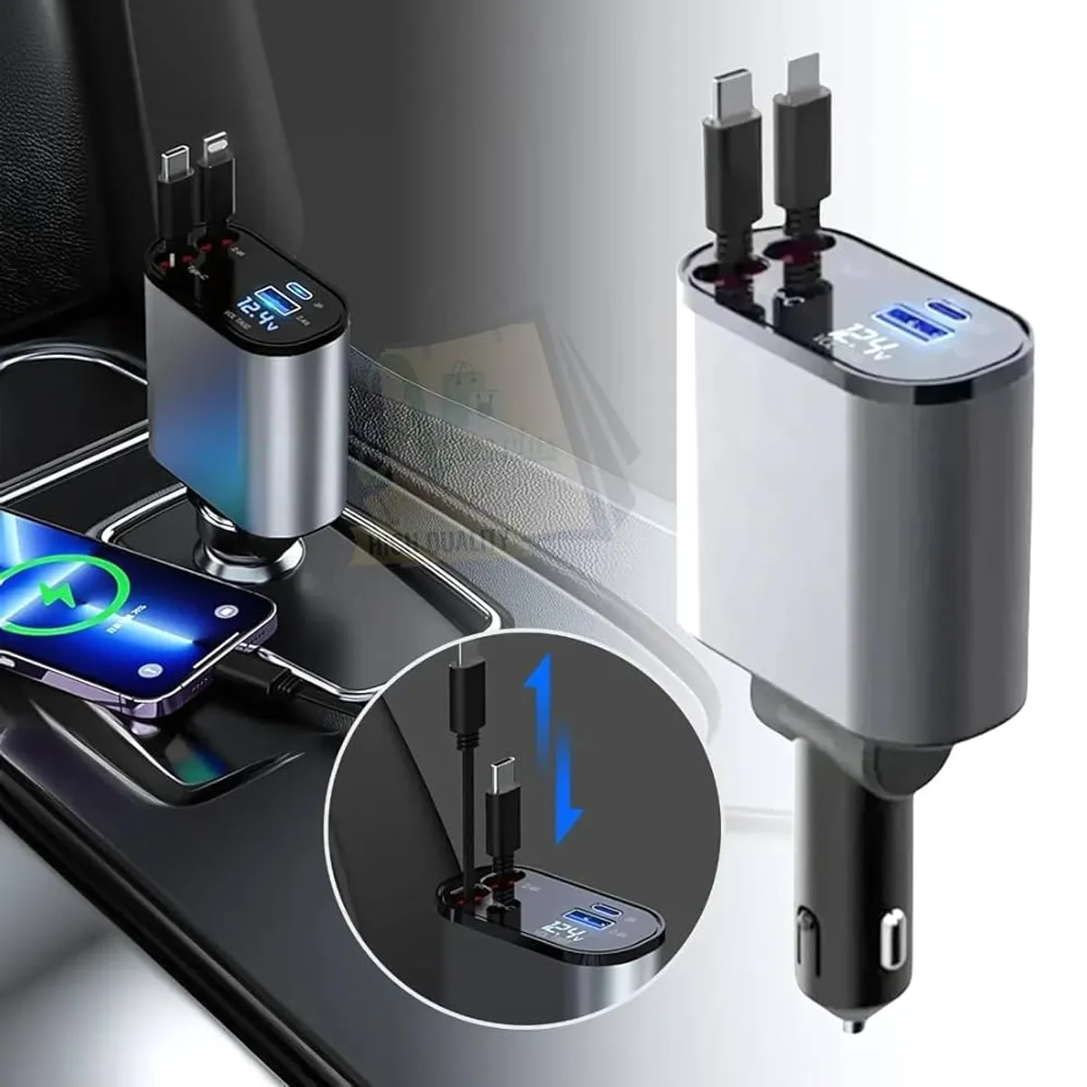 4-in-1 120W Retractable Super Fast Car Charger with LED Voltage Display Multi-Port Fast Charging Adapter - Grey