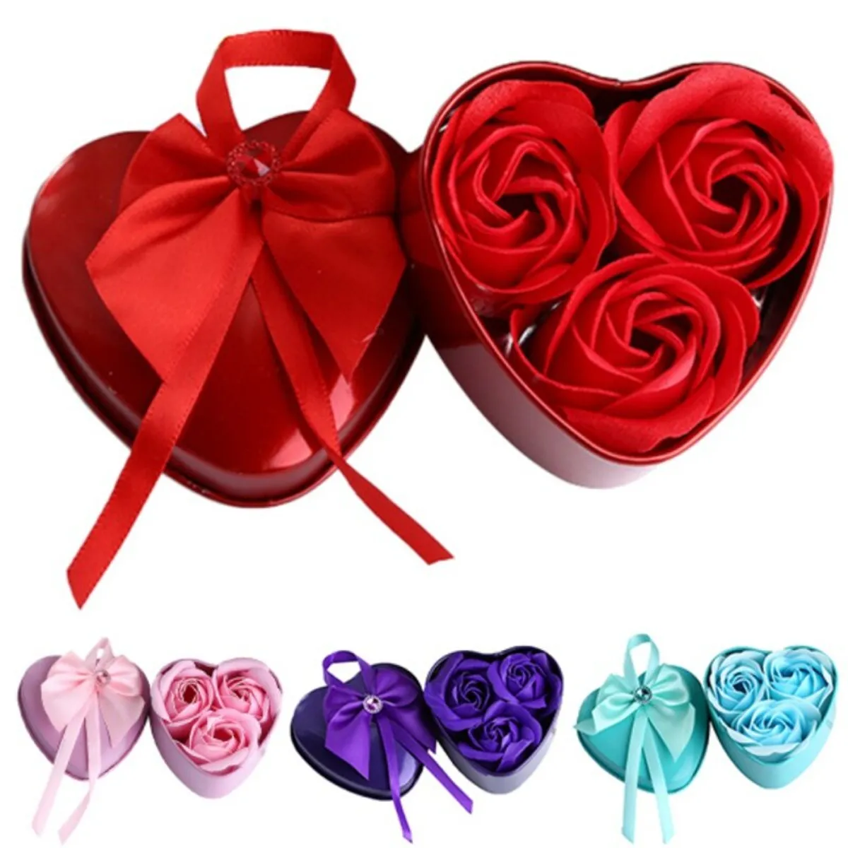 Heart-Shaped Gift Box With 3 Rose Flower Soaps - Multicolor