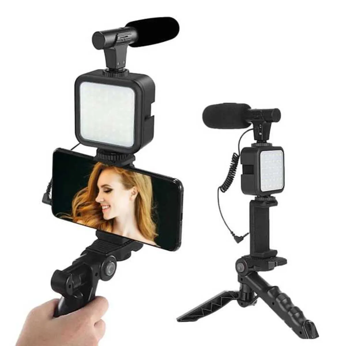 AY-49 Vlogging Kit With Microphone, LED Fill Light & Mini Tripod - Black